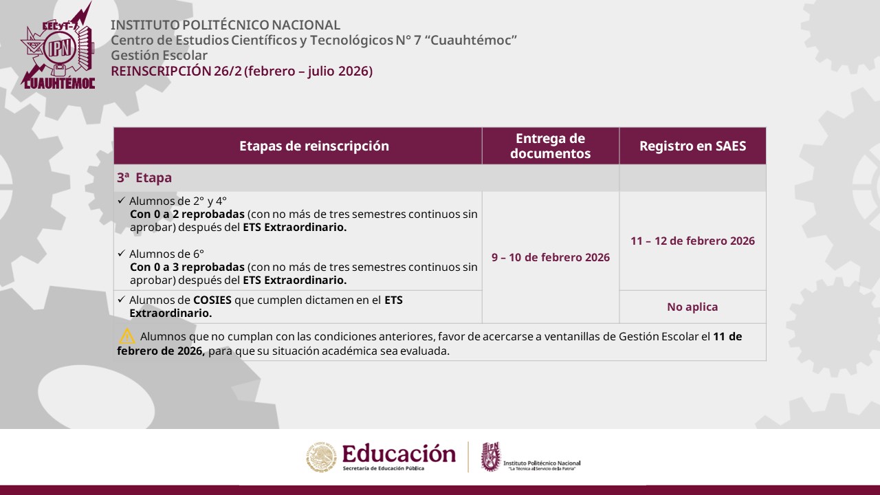Calendario de etapas de reinscripción, periodo 2026/2 (febrero - julio 2026)
